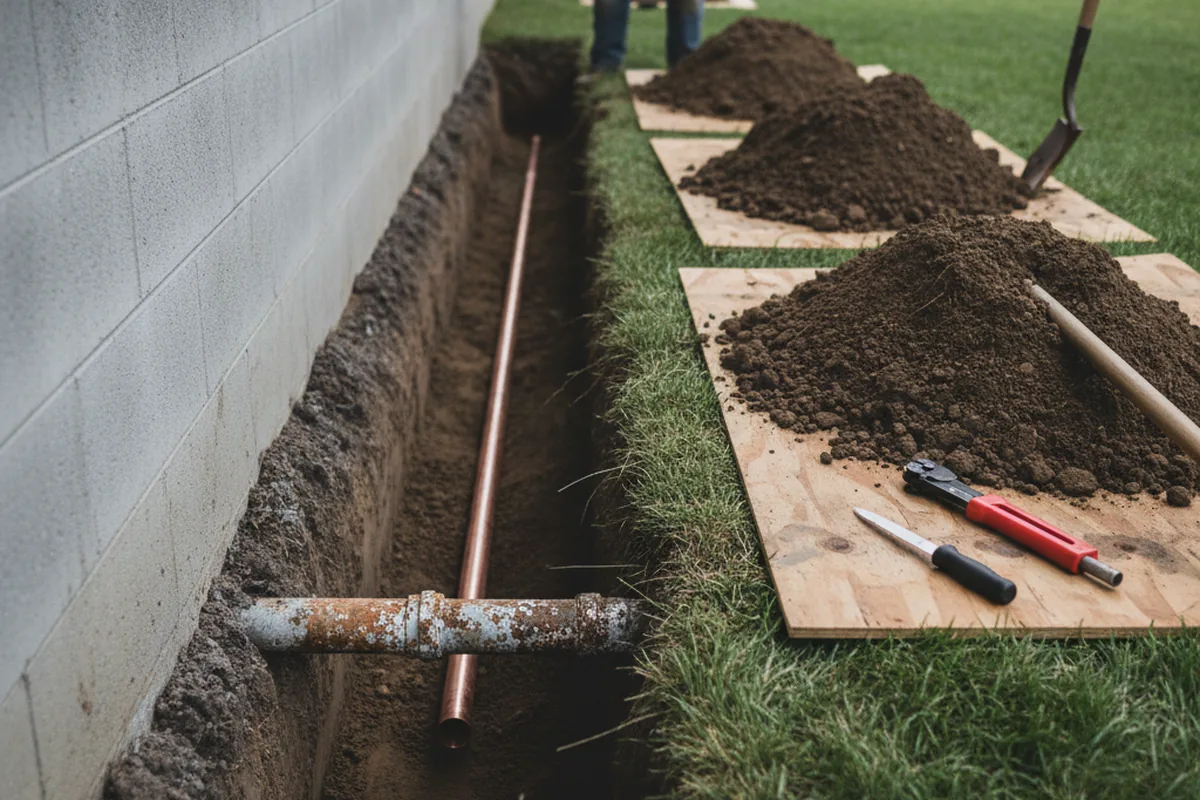 Excavated water line trench during Water Softener Installation in Casar